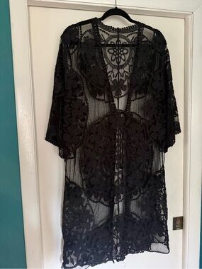 Black Floral Lace Swim Cover-Up Kimono